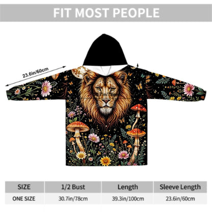 Mystic Lion Wildflower Blanket Hoodie, Mushroom Black Witchy Black Wildflower Hooded Jumper, Hippie Boho Long Sleeve Fashion Loungewear