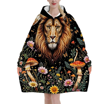 Mystic Lion Wildflower Blanket Hoodie, Mushroom Black Witchy Black Wildflower Hooded Jumper, Hippie Boho Long Sleeve Fashion Loungewear