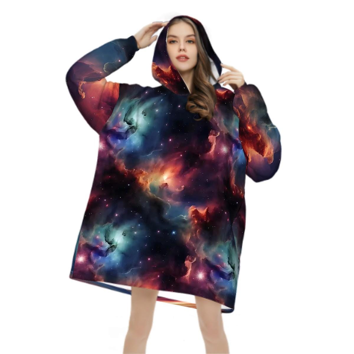 Rainbow Nebula Galaxy Blanket Hoodie, Retro Space Gamer Hooded Jumper, Cute Long Sleeve Fashion Loungewear for Women