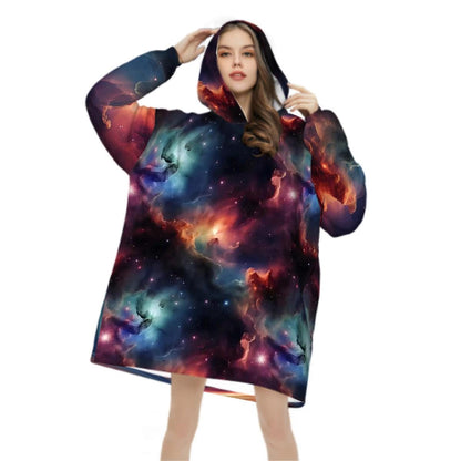 Rainbow Nebula Galaxy Blanket Hoodie, Retro Space Gamer Hooded Jumper, Cute Long Sleeve Fashion Loungewear for Women