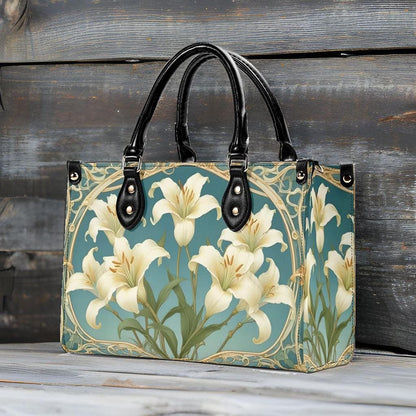 Ivory Lilies with Sky Blue Background Bag Cute Crossbody Bag Unique Purse Cute Purse, Luxury Bag Vegan Leather Bags Printed Designer Bag