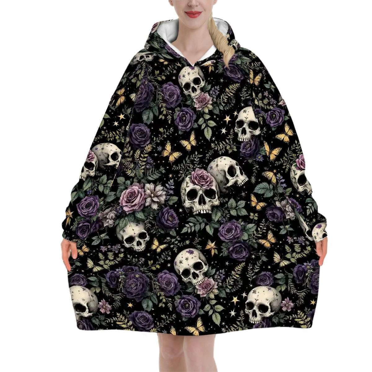 Purple Rose Skulls Blanket Hoodie, Black Witchy Black Wildflower Hooded Jumper, Long Sleeve Fashion Loungewear for Women