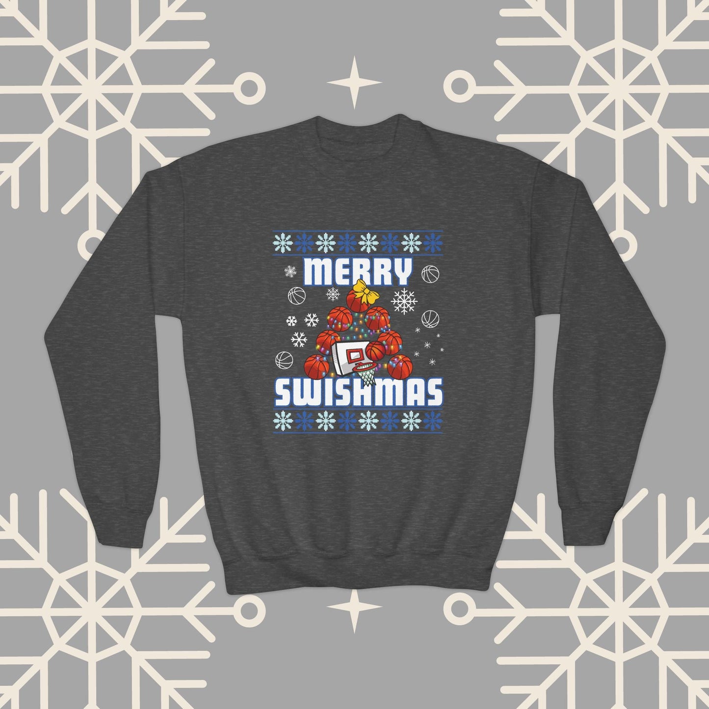 Youth Merry Swishmas Sweatshirt, Basketball Ugly Christmas for Kids, Basketball Gifts for Boys, Gift for Girl
