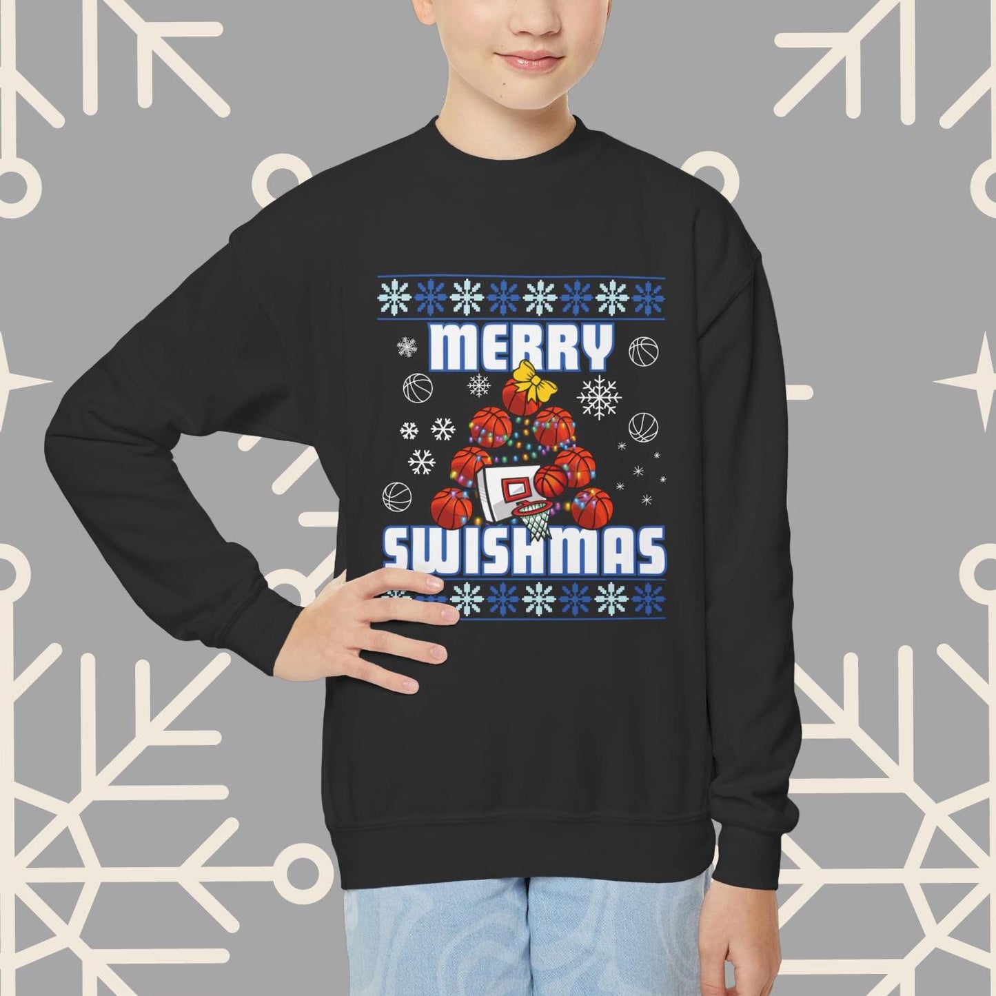 Youth Merry Swishmas Sweatshirt, Basketball Ugly Christmas for Kids, Basketball Gifts for Boys, Gift for Girl