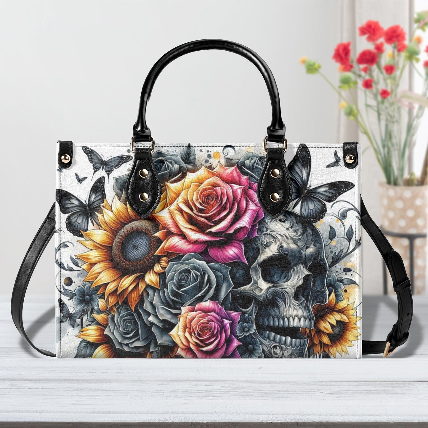 Gothic Garden Skull Purse - Vegan Leather Purse, Crossbody or Shoulder Carry, Tote Bag, Square Tote