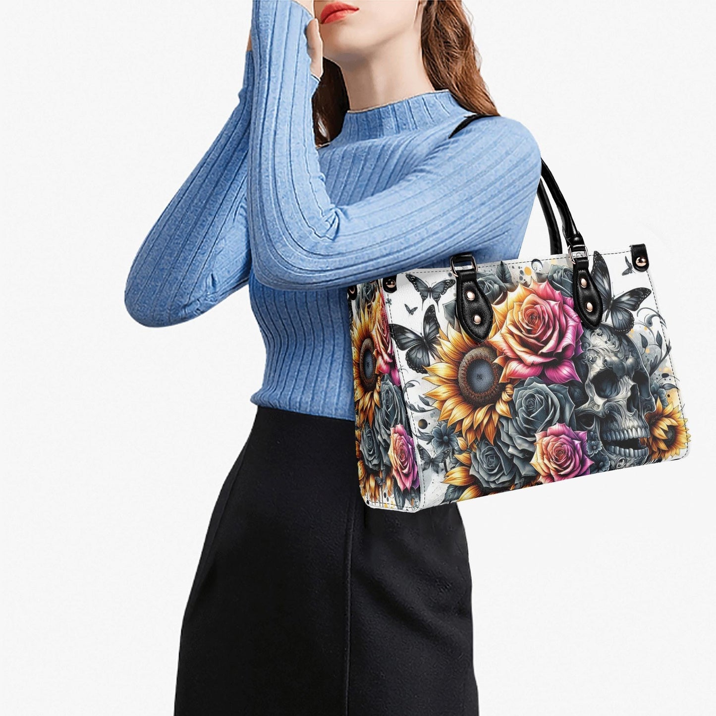 Gothic Garden Skull Purse - Vegan Leather Purse, Crossbody or Shoulder Carry, Tote Bag, Square Tote