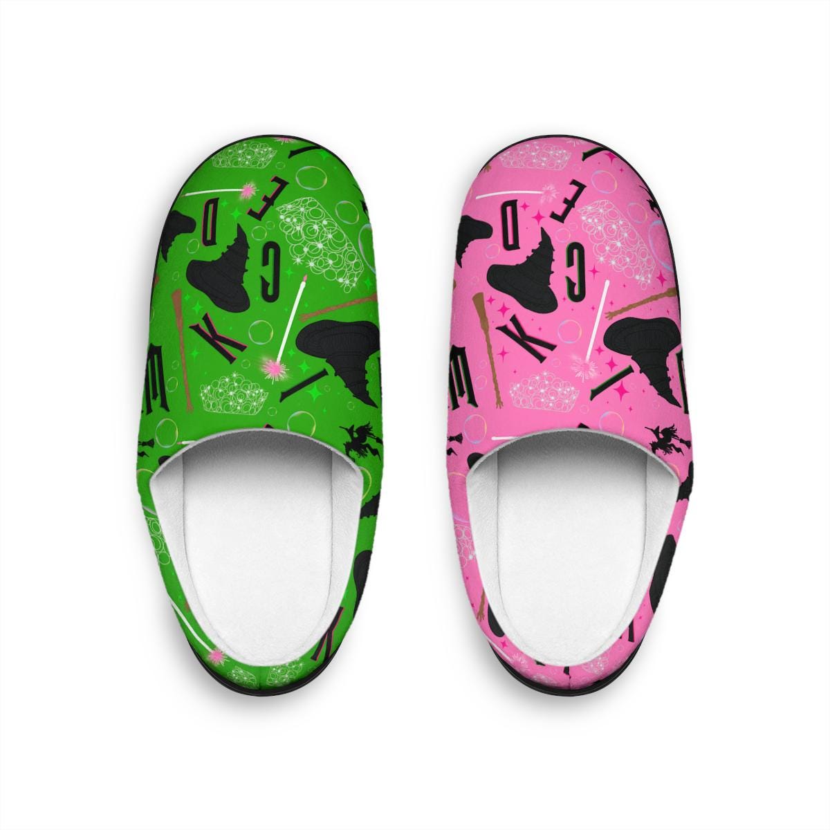 Green Pink Slippers | Witch Indoor Slippers Cartoon Bff Besties Gift For Her For Him Comfy Cozy Soft Shoes Bubble Wand Crown Hand