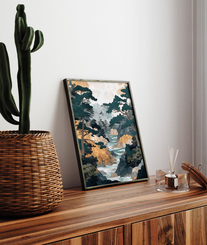 Japanese Forest River Print: Ukiyo-e Style Landscape Art