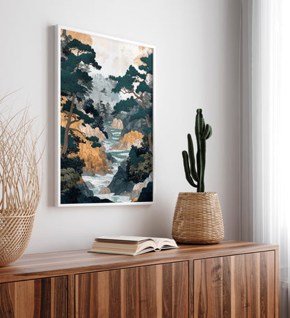 Japanese Forest River Print: Ukiyo-e Style Landscape Art