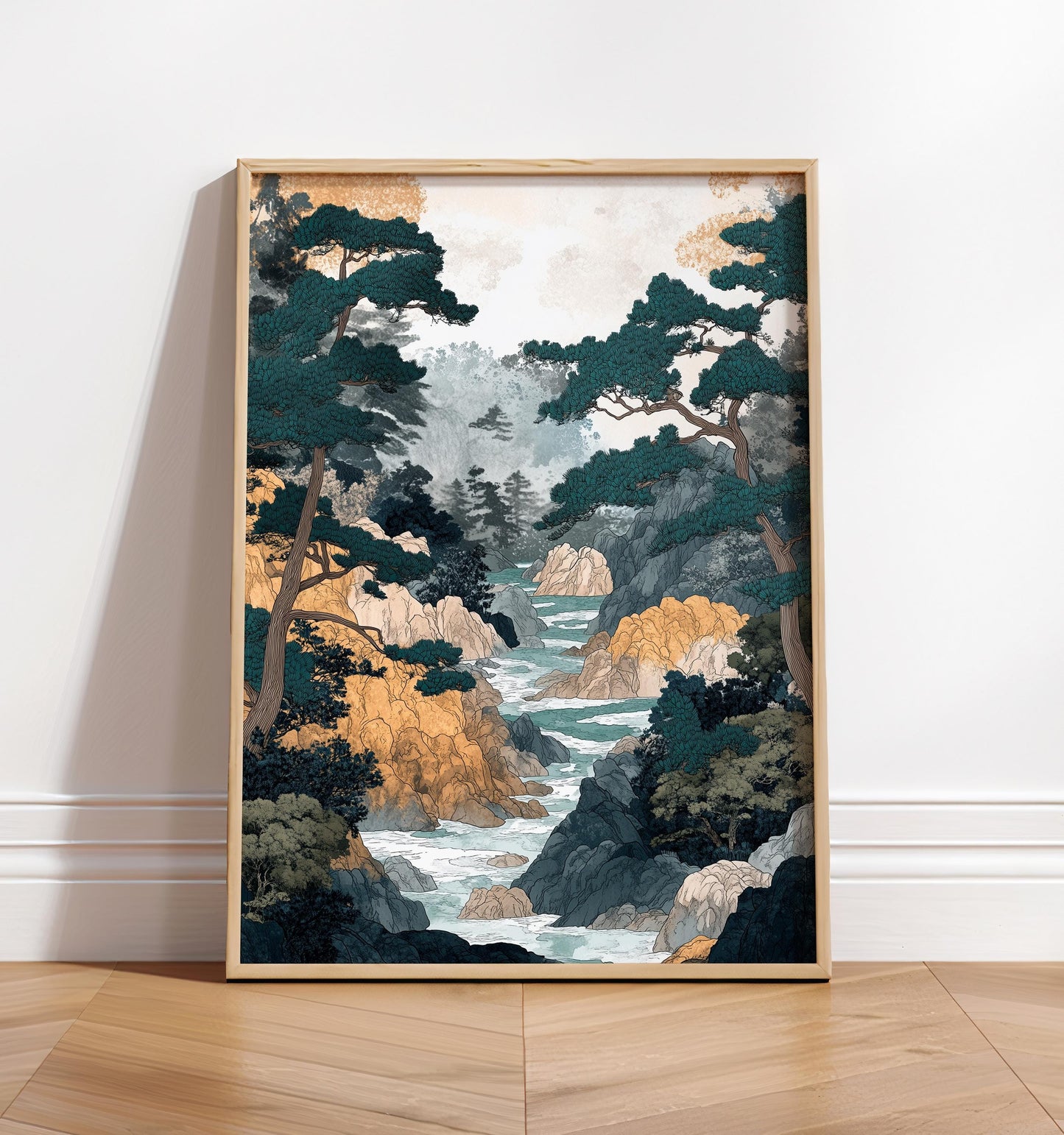 Japanese Forest River Print: Ukiyo-e Style Landscape Art