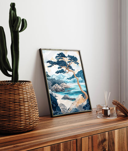 Japandi Coastal Art Print: Japanese Beach Landscape Painting