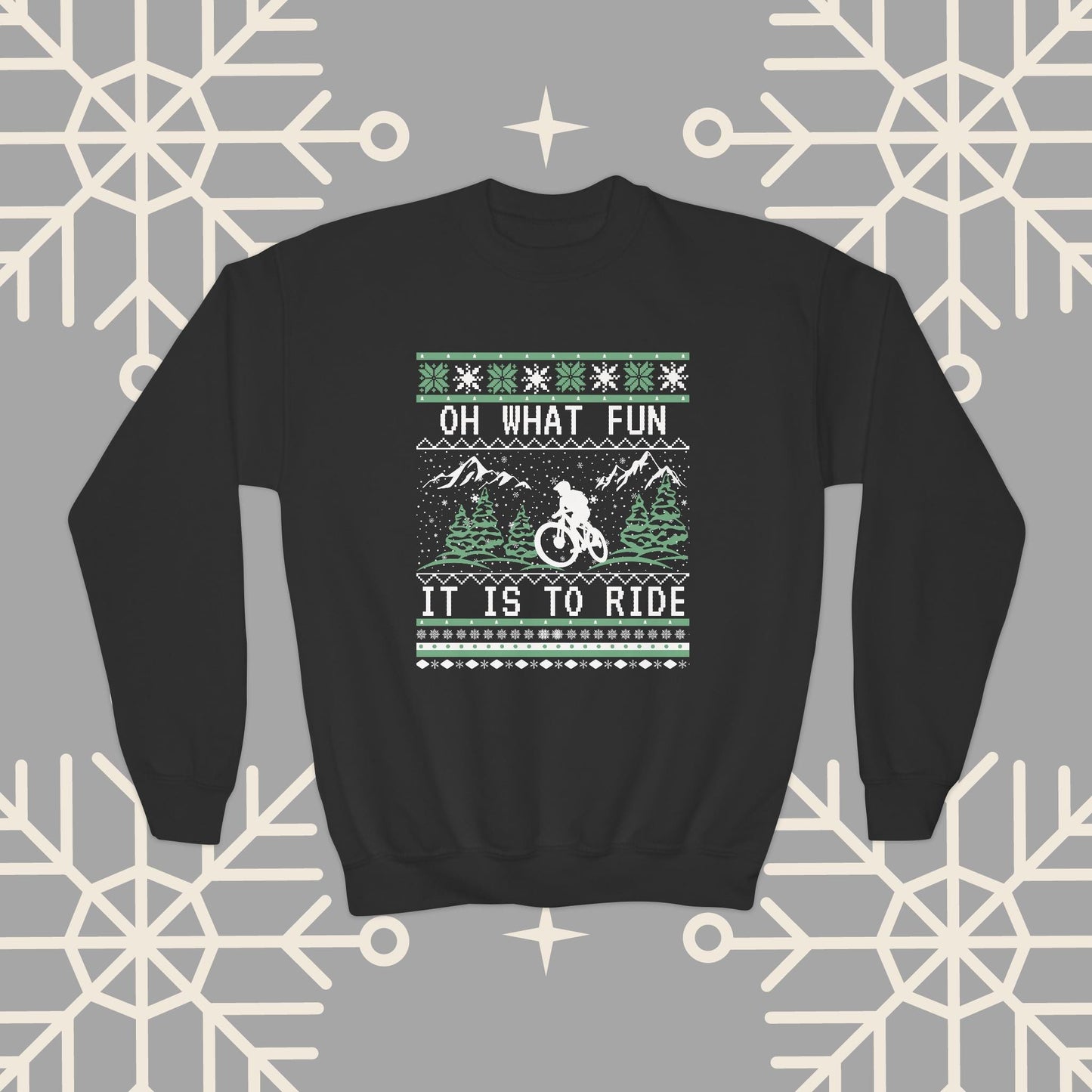 Youth Mountain Biking Christmas Sweatshirt, Biker Ugly Christmas for Kids, Holiday Cycling Crewneck, Mountain Bike Gift for Boys
