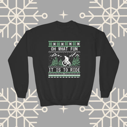 Youth Mountain Biking Christmas Sweatshirt, Biker Ugly Christmas for Kids, Holiday Cycling Crewneck, Mountain Bike Gift for Boys