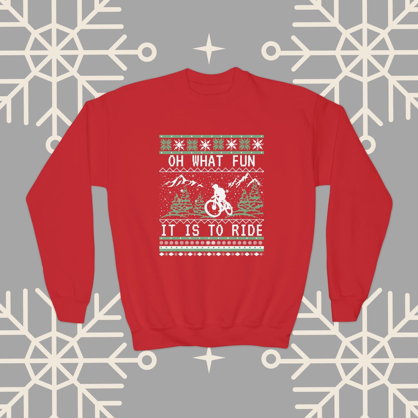 Youth Mountain Biking Christmas Sweatshirt, Biker Ugly Christmas for Kids, Holiday Cycling Crewneck, Mountain Bike Gift for Boys