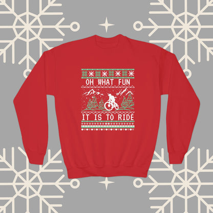 Youth Mountain Biking Christmas Sweatshirt, Biker Ugly Christmas for Kids, Holiday Cycling Crewneck, Mountain Bike Gift for Boys