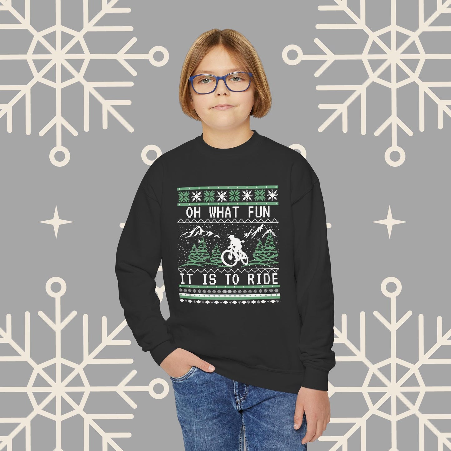 Youth Mountain Biking Christmas Sweatshirt, Biker Ugly Christmas for Kids, Holiday Cycling Crewneck, Mountain Bike Gift for Boys
