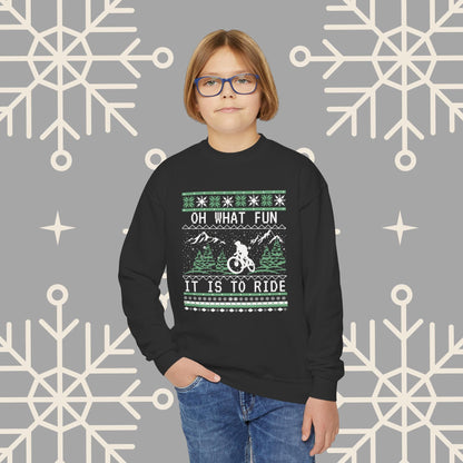 Youth Mountain Biking Christmas Sweatshirt, Biker Ugly Christmas for Kids, Holiday Cycling Crewneck, Mountain Bike Gift for Boys