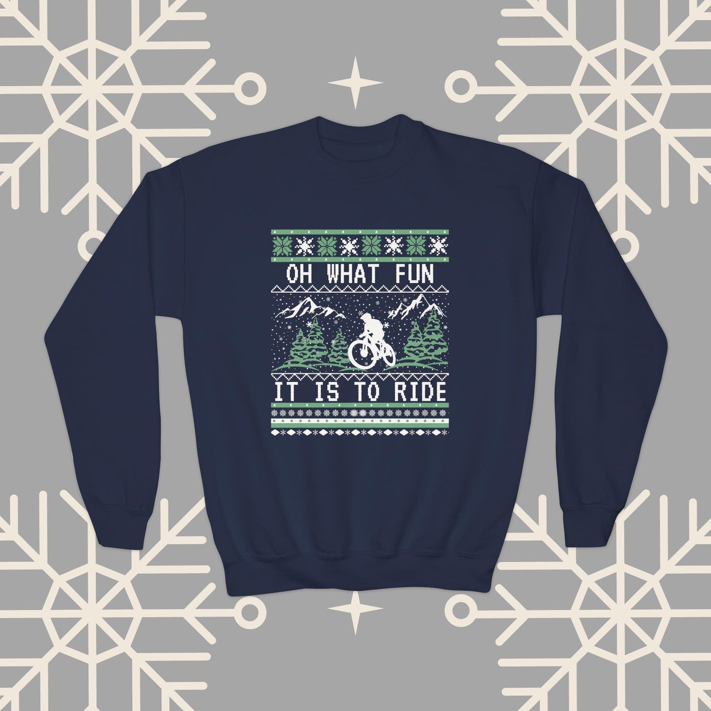 Youth Mountain Biking Christmas Sweatshirt, Biker Ugly Christmas for Kids, Holiday Cycling Crewneck, Mountain Bike Gift for Boys