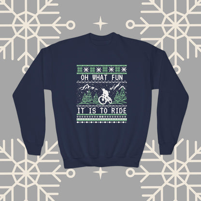 Youth Mountain Biking Christmas Sweatshirt, Biker Ugly Christmas for Kids, Holiday Cycling Crewneck, Mountain Bike Gift for Boys