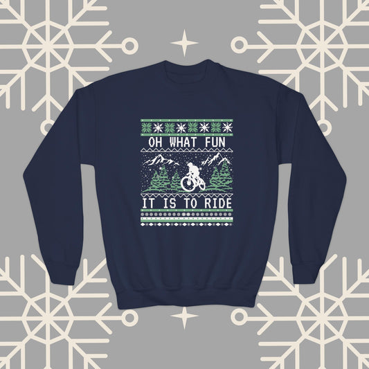 Youth Mountain Biking Christmas Sweatshirt, Biker Ugly Christmas for Kids, Holiday Cycling Crewneck, Mountain Bike Gift for Boys