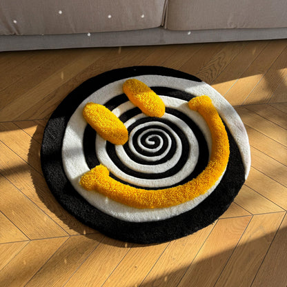 Handmade Tufted Smiley Face Rug: Hypnotic Spiral Design