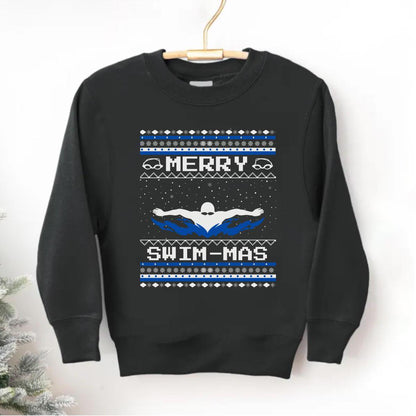 Youth Merry Swim-mas Ugly Christmas , Swimming Christmas Sweatshirt for Kids, Swim Shirt for Boys, Gift for Swimmer