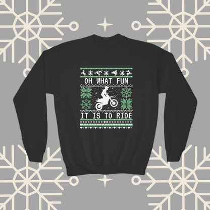 Youth Motocross Ugly Christmas , Oh What Fun It Is To Ride Dirt Bike Christmas Sweatshirt for Boys, Kids Motocross Gifts