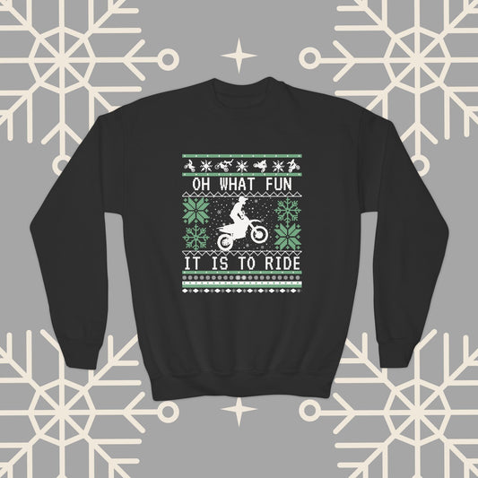 Youth Motocross Ugly Christmas , Oh What Fun It Is To Ride Dirt Bike Christmas Sweatshirt for Boys, Kids Motocross Gifts