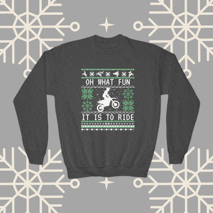 Youth Motocross Ugly Christmas , Oh What Fun It Is To Ride Dirt Bike Christmas Sweatshirt for Boys, Kids Motocross Gifts