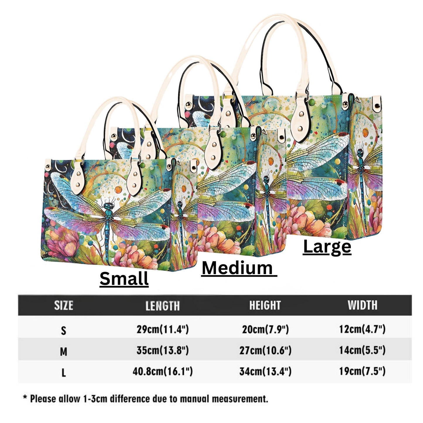 Watercolor Dragonfly Handbag. Colorful Handbag, Waterproof PU Leather Handbag, Top Handle Vegan Leather, Crossbody, Shoulder bag.
