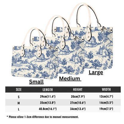 Toile-de-jouy Vintage-Inspired Handbag. Square Tote Bag, Waterproof PU Leather Tote, Top Handle Vegan Leather, Crossbody, Shoulder bag,
