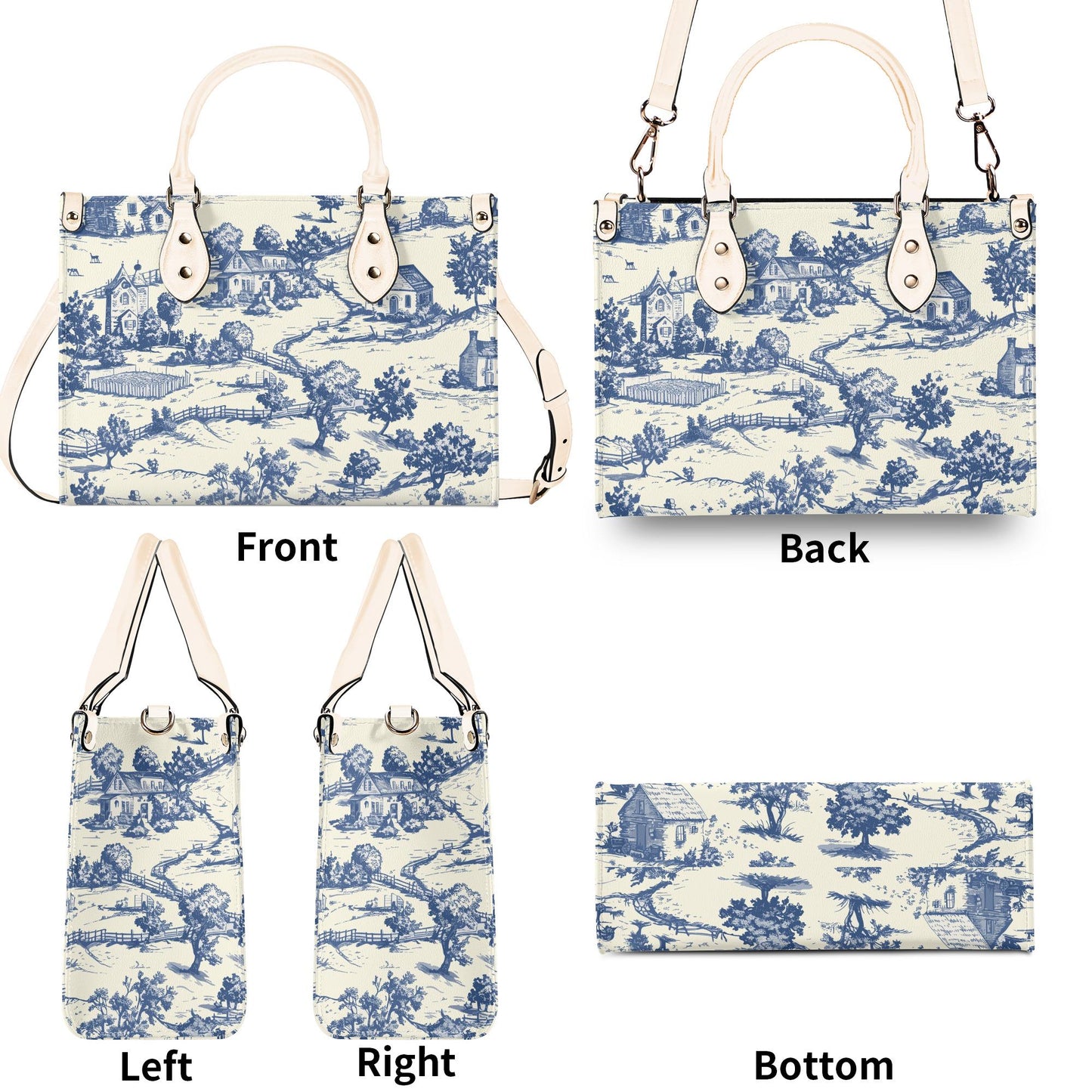 Toile-de-jouy Vintage-Inspired Handbag. Square Tote Bag, Waterproof PU Leather Tote, Top Handle Vegan Leather, Crossbody, Shoulder bag,