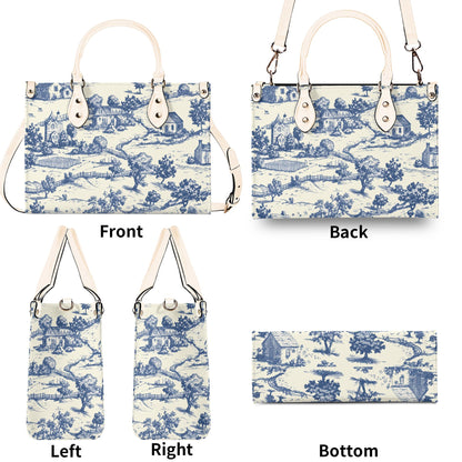 Toile-de-jouy Vintage-Inspired Handbag. Square Tote Bag, Waterproof PU Leather Tote, Top Handle Vegan Leather, Crossbody, Shoulder bag,