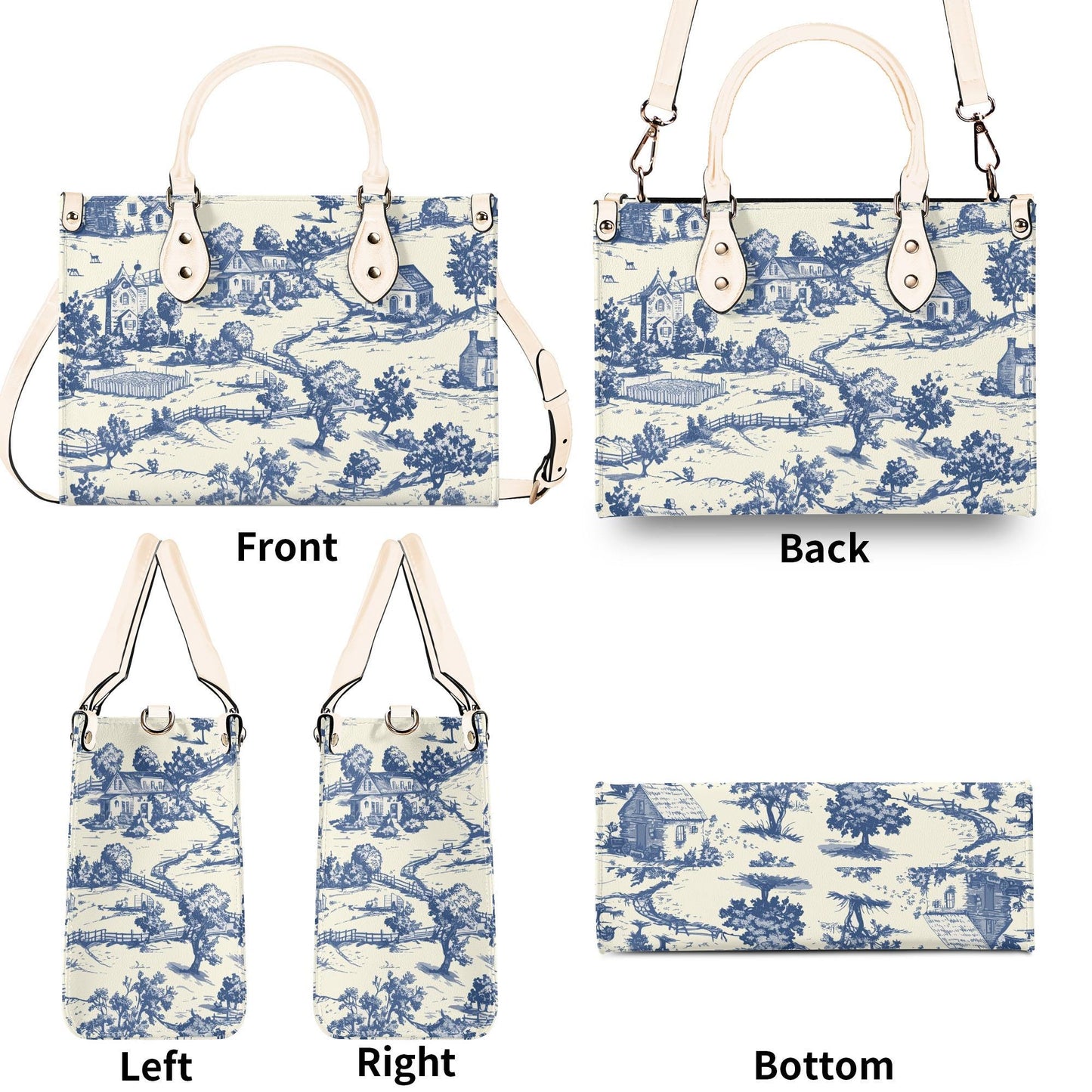 Toile-de-jouy Vintage-Inspired Handbag. Square Tote Bag, Waterproof PU Leather Tote, Top Handle Vegan Leather, Crossbody, Shoulder bag,