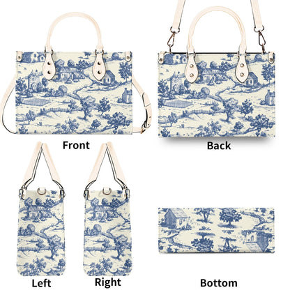 Toile-de-jouy Vintage-Inspired Handbag. Square Tote Bag, Waterproof PU Leather Tote, Top Handle Vegan Leather, Crossbody, Shoulder bag,