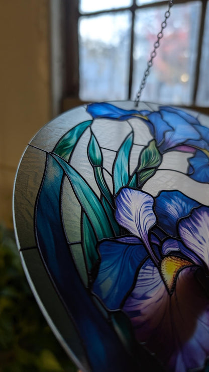 Blue Iris: Stained Glass Style Window Hanging