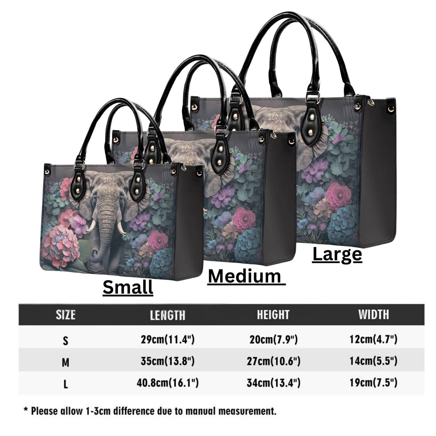 Elephants Garden Gala Handbag. Colorful Handbag, Waterproof PU Leather Tote, Top Handle Vegan Leather, Crossbody, Shoulder bag.