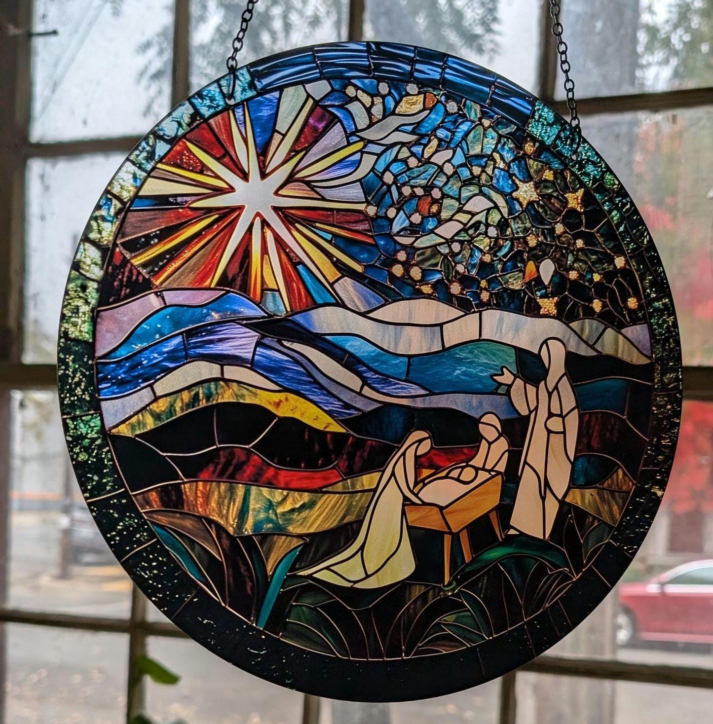 Nativity: Stained Glass Style Window Hanging