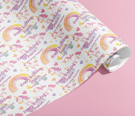 Personalised Birthday Gift Wrap, Wrapping Paper, Unicorn, Your Name, Customised, Wedding, Party, Paper, Your Age, Anniversary, Recycle, Pink