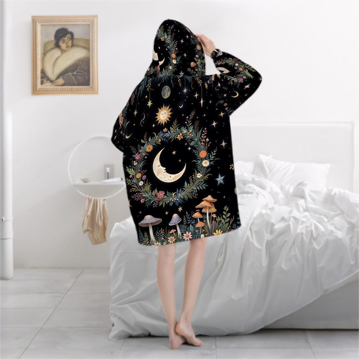 Mystical Moon Mushroom Blanket Hoodie, Witchy Black Wildflower Hooded Jumper