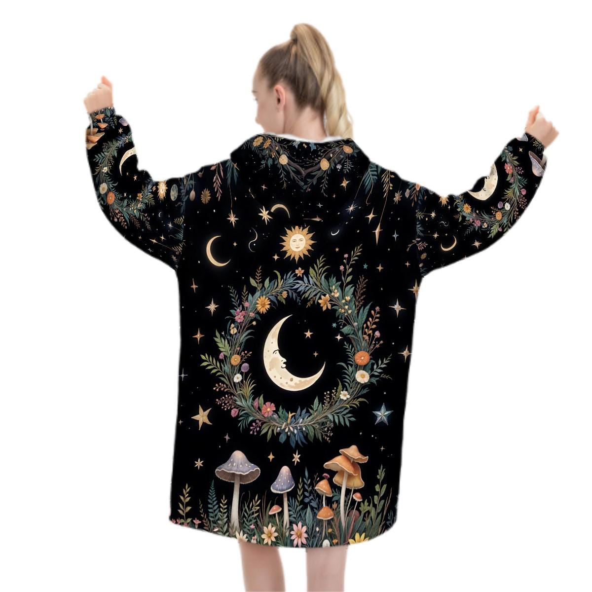 Mystical Moon Mushroom Blanket Hoodie, Witchy Black Wildflower Hooded Jumper