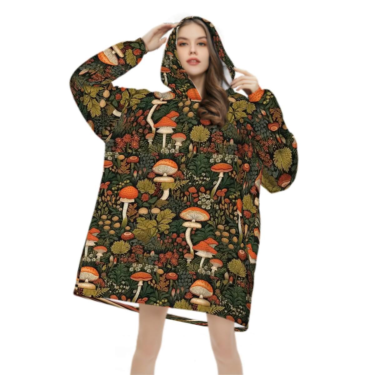 Wild Mushroom Blanket Hoodie, Green Witchy Black Wildflower Hooded Jumper