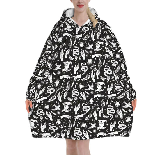 Mystical Witchy Blanket Hoodie, Black Wildflower Hooded Jumper, Gothic Cottagecore Fashion Home Accessories