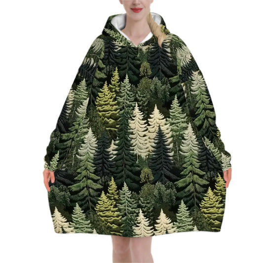 Green Forest Blanket Hoodie, Nature Trees Hooded Jumper, Hippie Boho Cottagecore Fashion Home Accessories