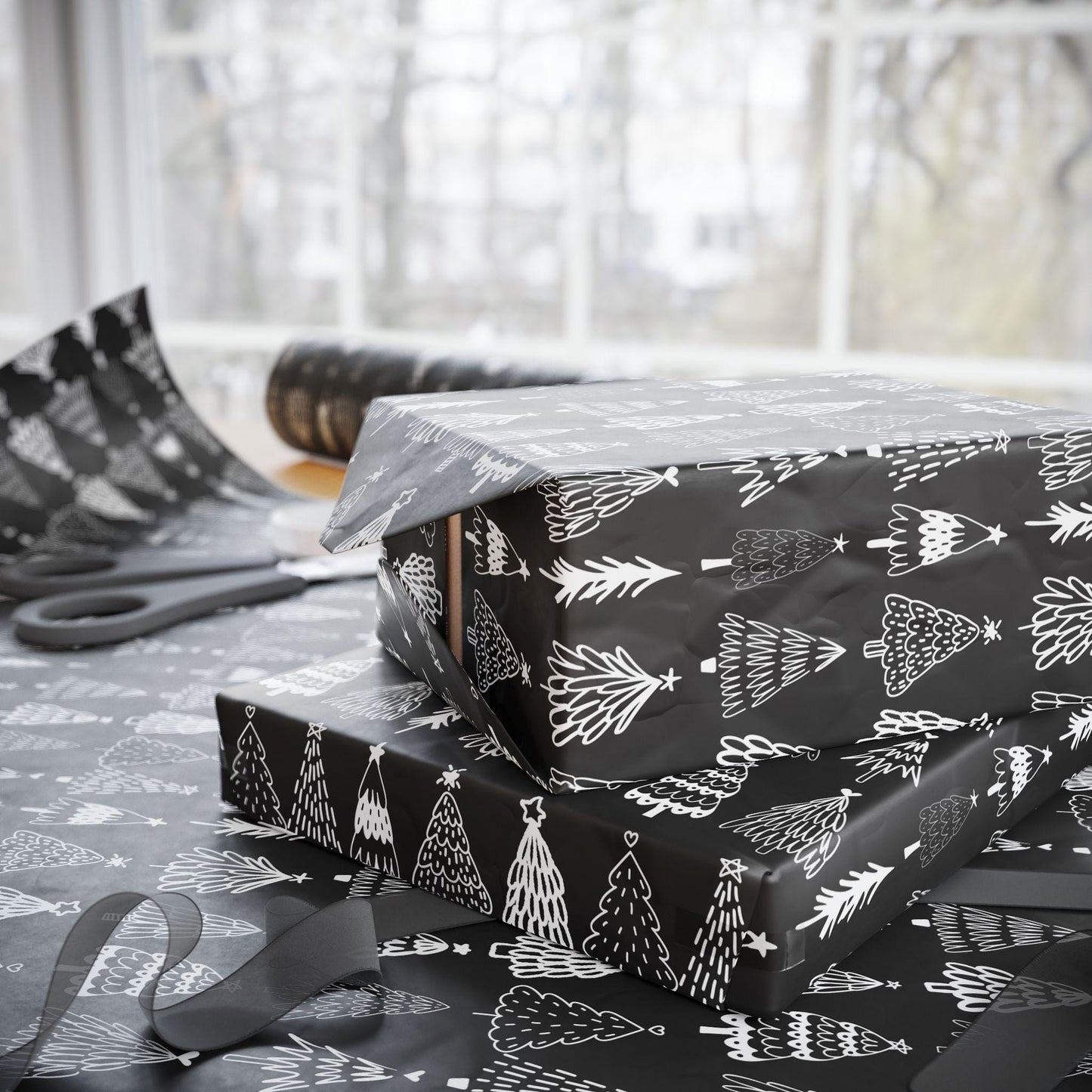 Black Tree Christmas Gift Wrapping Papers - Retro Christmas Gift wrap - Hand Drawn Classic Gift Wrap