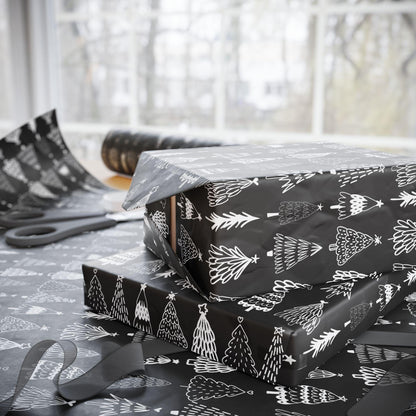 Black Tree Christmas Gift Wrapping Papers - Retro Christmas Gift wrap - Hand Drawn Classic Gift Wrap