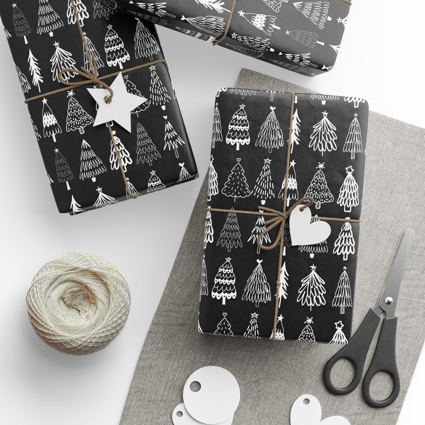 Black Tree Christmas Gift Wrapping Papers - Retro Christmas Gift wrap - Hand Drawn Classic Gift Wrap