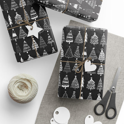 Black Tree Christmas Gift Wrapping Papers - Retro Christmas Gift wrap - Hand Drawn Classic Gift Wrap