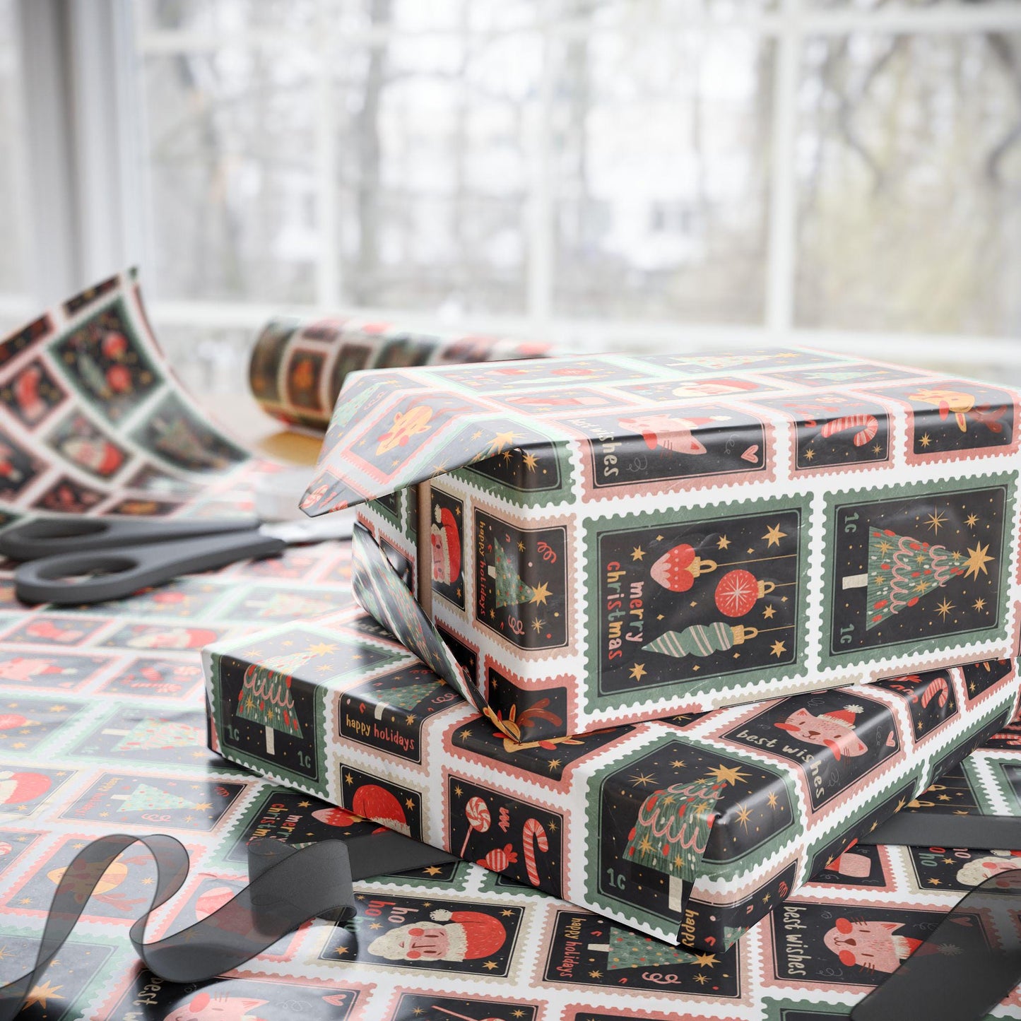 Vintage Christmas Stamp Gift Wrapping Papers - Custom Holiday Gift Wrap -