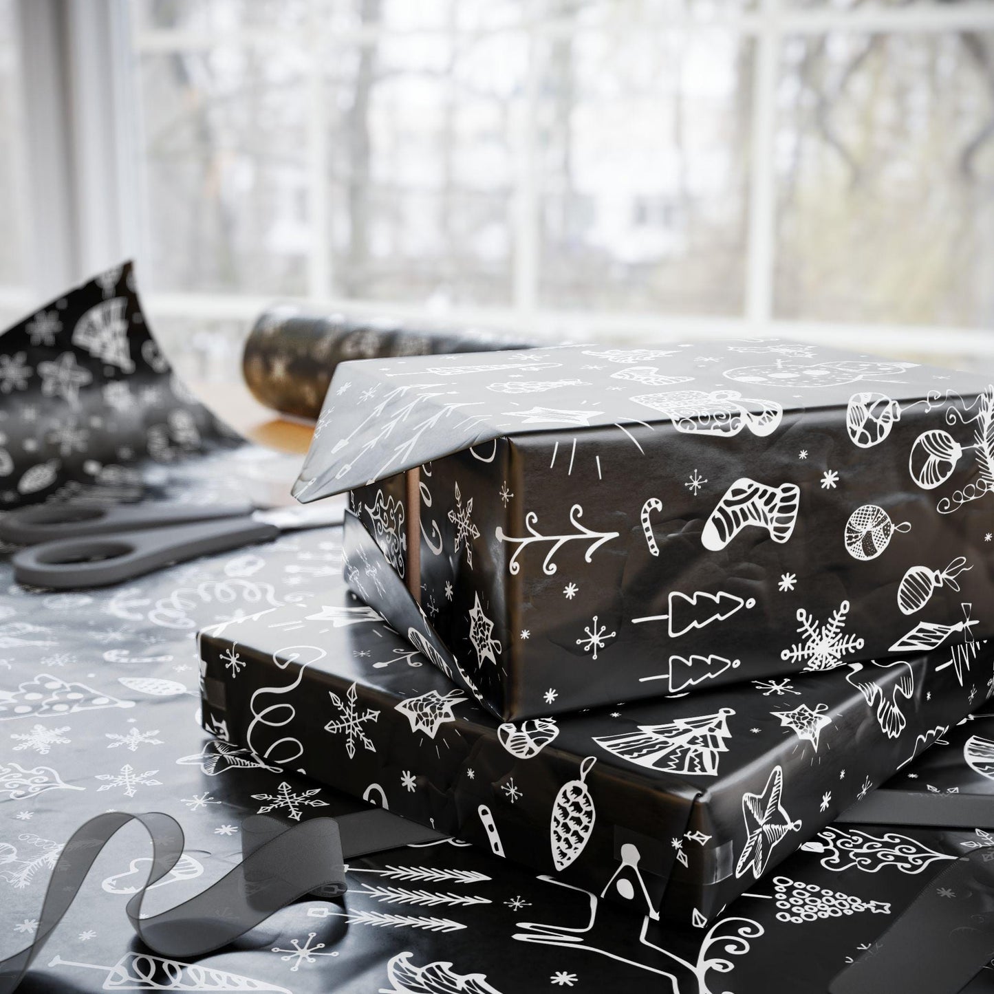 Black Christmas Doodle Gift Wrapping Papers - Custom Holiday Gift Wrap